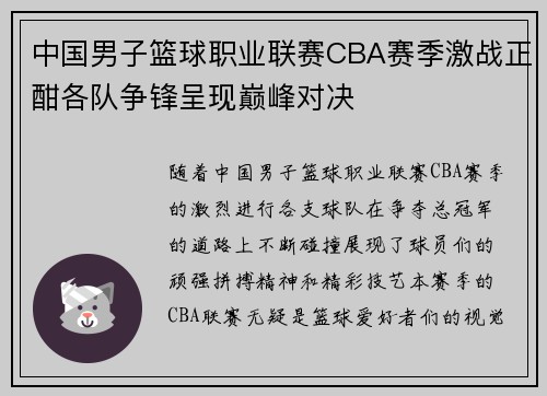 中国男子篮球职业联赛CBA赛季激战正酣各队争锋呈现巅峰对决 中国男子篮球职业联赛CBA赛季激战正酣各队争锋呈现巅峰对决